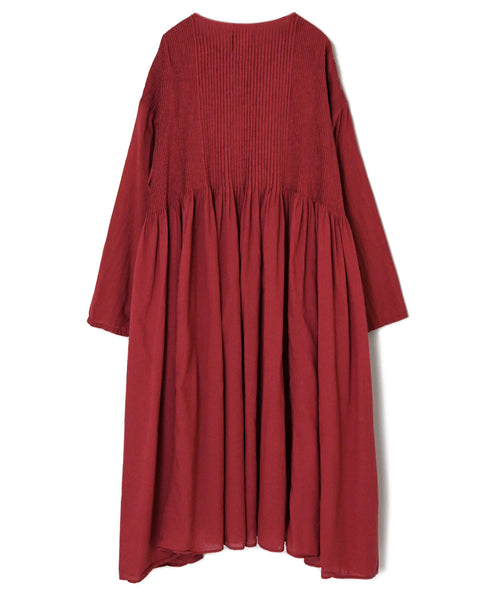 NMDS26604D ORGANIC MICRO CHECK&VOILE PLAIN PATCHWORK OVERDYE CREW-NECK BUTTON SHIRT MAXI DRESS WITH PINTUCK
