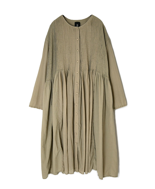 NMDS26604D ORGANIC MICRO CHECK&VOILE PLAIN PATCHWORK OVERDYE CREW-NECK BUTTON SHIRT MAXI DRESS WITH PINTUCK