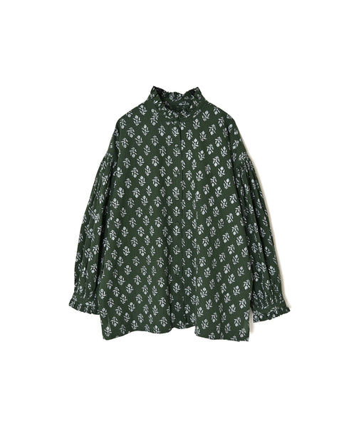 NMDS26611 80s ORGANIC SMALL CHECK MEDIUM FLOWER BLOCK PRINT FRILL COLLAR SHIRT WITH MINI PINTUCK
