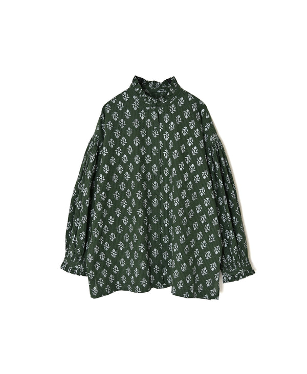 NMDS26611 80s ORGANIC SMALL CHECK MEDIUM FLOWER BLOCK PRINT FRILL COLLAR SHIRT WITH MINI PINTUCK
