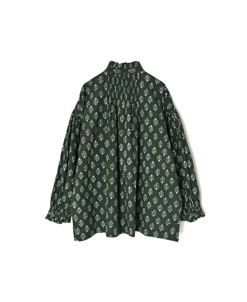 NMDS26611 80s ORGANIC SMALL CHECK MEDIUM FLOWER BLOCK PRINT FRILL COLLAR SHIRT WITH MINI PINTUCK