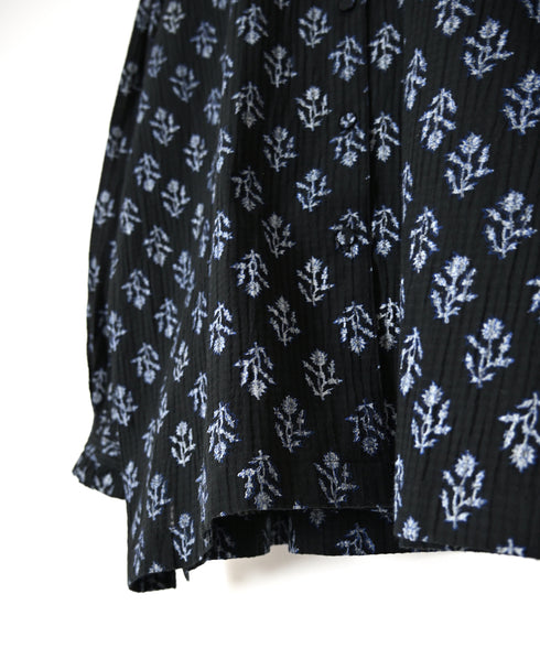 NMDS26611 80s ORGANIC SMALL CHECK MEDIUM FLOWER BLOCK PRINT FRILL COLLAR SHIRT WITH MINI PINTUCK