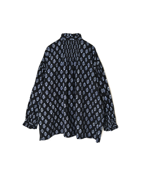 NMDS26611 80s ORGANIC SMALL CHECK MEDIUM FLOWER BLOCK PRINT FRILL COLLAR SHIRT WITH MINI PINTUCK