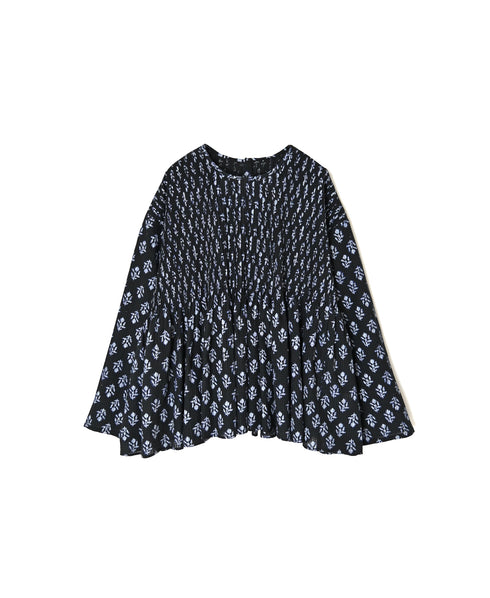 NMDS26612 80s ORGANIC SMALL CHECK MEDIUM FLOWER BLOCK PRINT C/NECK P/O SHIRT WITH PINTUCK