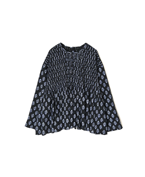 NMDS26612 80s ORGANIC SMALL CHECK MEDIUM FLOWER BLOCK PRINT C/NECK P/O SHIRT WITH PINTUCK