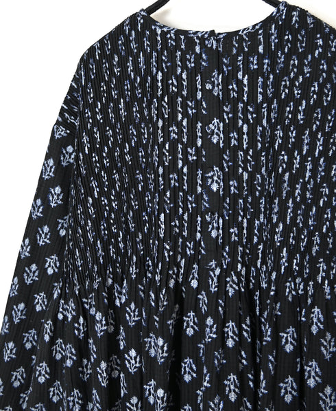 NMDS26612 80s ORGANIC SMALL CHECK MEDIUM FLOWER BLOCK PRINT C/NECK P/O SHIRT WITH PINTUCK