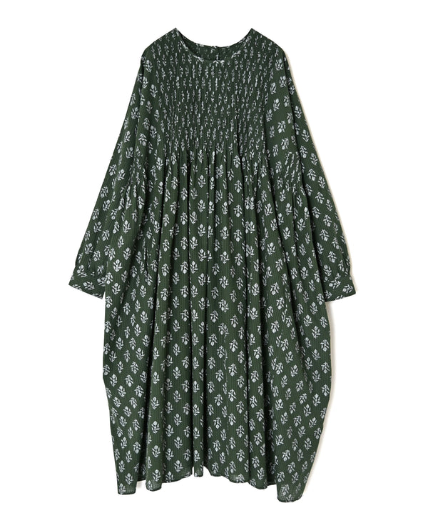 NMDS26613 80s ORGANIC SMALL CHECK MEDIUM FLOWER BLOCK PRINT CREW-NECK P/O SHIRT DRESS WITH PINTUCK
