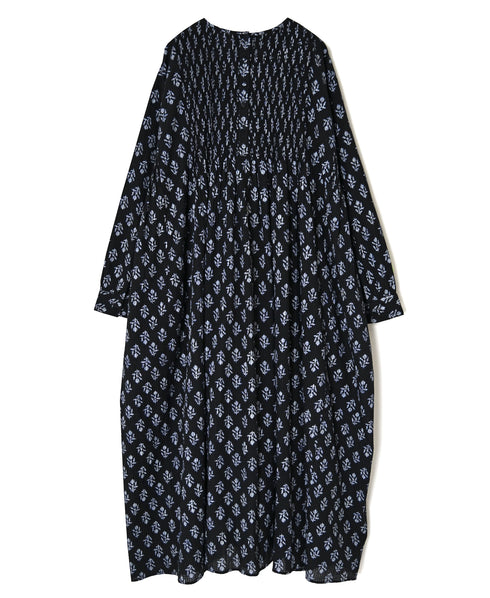 NMDS26613 80s ORGANIC SMALL CHECK MEDIUM FLOWER BLOCK PRINT CREW-NECK P/O SHIRT DRESS WITH PINTUCK