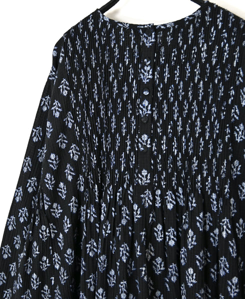NMDS26613 80s ORGANIC SMALL CHECK MEDIUM FLOWER BLOCK PRINT CREW-NECK P/O SHIRT DRESS WITH PINTUCK
