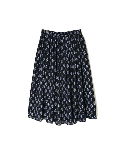 NMDS26615 80s ORGANIC SMALL CHECK MEDIUM FLOWER BLOCK PRINT GATHERED SKIRT WITH LINING