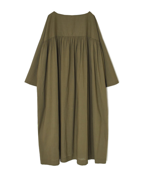 NSL26003 60s CAMBRIC PLAIN CREW-NECK BACK SIDE GATHERED DRESS WITH LINING