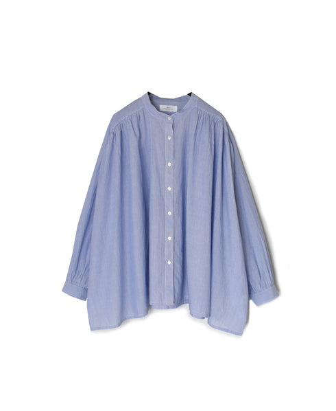 NSL26011 80s COTTON VOILE STRIPE BANDED COLLAR GATHER SHIRT