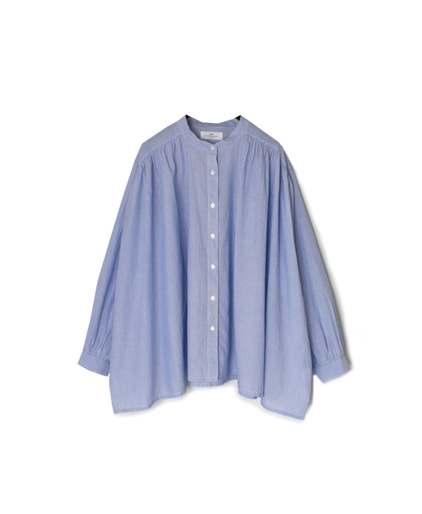 NSL26011 80s COTTON VOILE STRIPE BANDED COLLAR GATHER SHIRT
