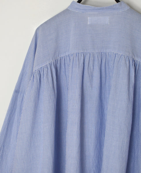 NSL26011 80s COTTON VOILE STRIPE BANDED COLLAR GATHER SHIRT