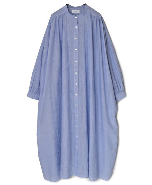 NSL26014 80s COTTON VOILE STRIPE BANDED COLLAR GATHER SHIRT DRESS