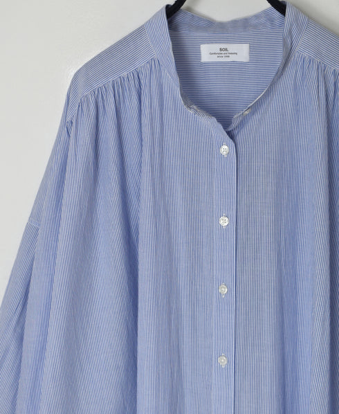 NSL26014 80s COTTON VOILE STRIPE BANDED COLLAR GATHER SHIRT DRESS
