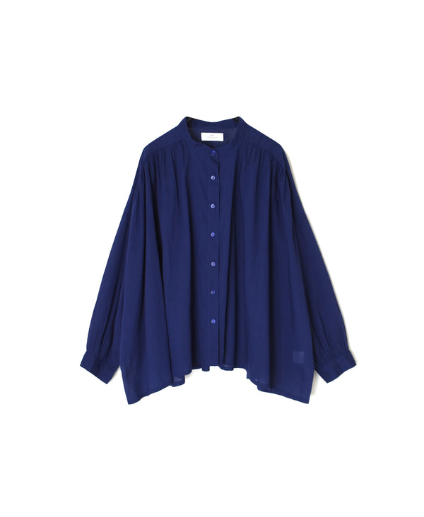 NSL26021 80s COTTON VOILE PLAIN BANDED COLLAR GATHERED SHIRT