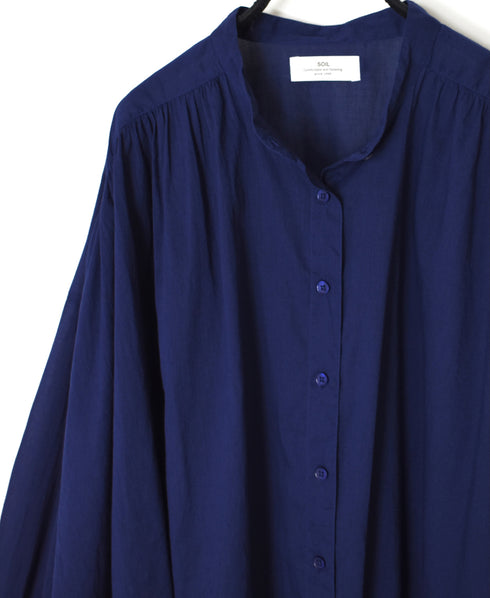 NSL26021 80s COTTON VOILE PLAIN BANDED COLLAR GATHERED SHIRT