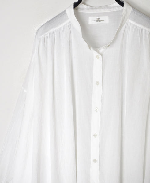 NSL26021 80s COTTON VOILE PLAIN BANDED COLLAR GATHERED SHIRT