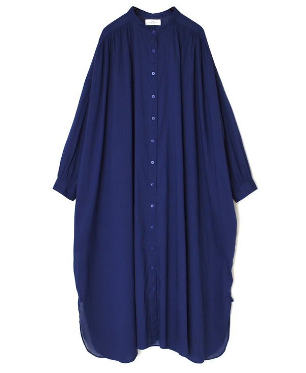 NSL26024 80s COTTON VOILE PLAIN BANDED COLLAR GATHERED SHIRT DRESS