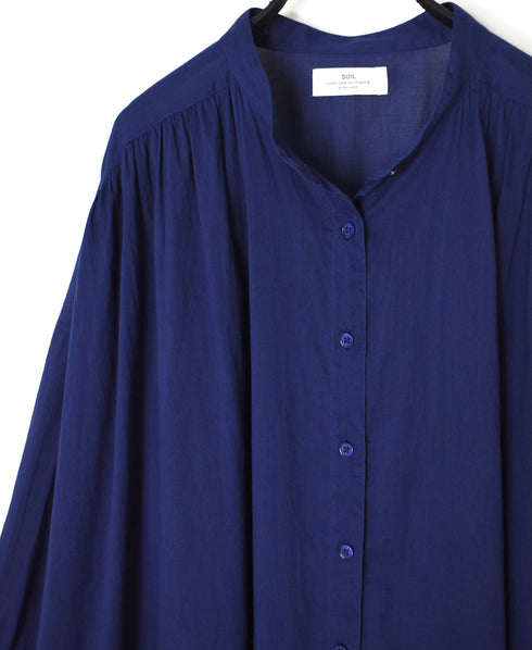 NSL26024 80s COTTON VOILE PLAIN BANDED COLLAR GATHERED SHIRT DRESS