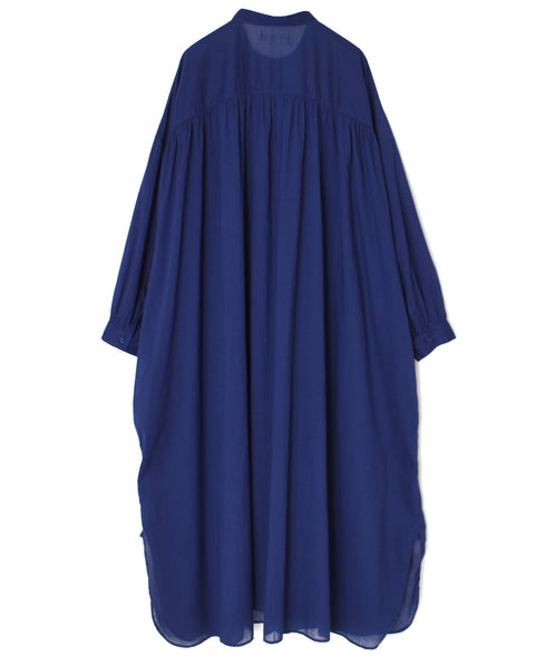 NSL26024 80s COTTON VOILE PLAIN BANDED COLLAR GATHERED SHIRT DRESS