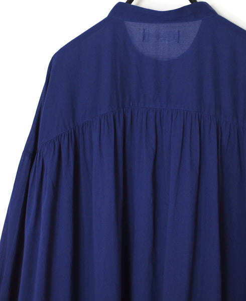 NSL26024 80s COTTON VOILE PLAIN BANDED COLLAR GATHERED SHIRT DRESS