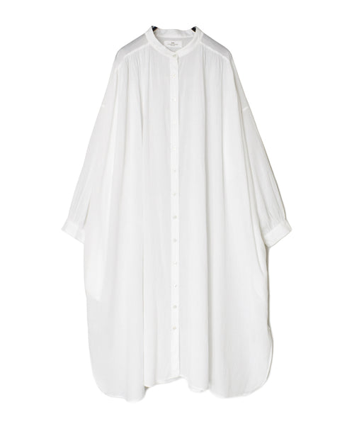 NSL26024 80s COTTON VOILE PLAIN BANDED COLLAR GATHERED SHIRT DRESS