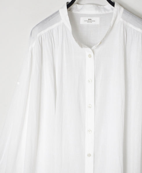 NSL26024 80s COTTON VOILE PLAIN BANDED COLLAR GATHERED SHIRT DRESS