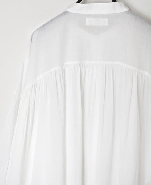 NSL26024 80s COTTON VOILE PLAIN BANDED COLLAR GATHERED SHIRT DRESS