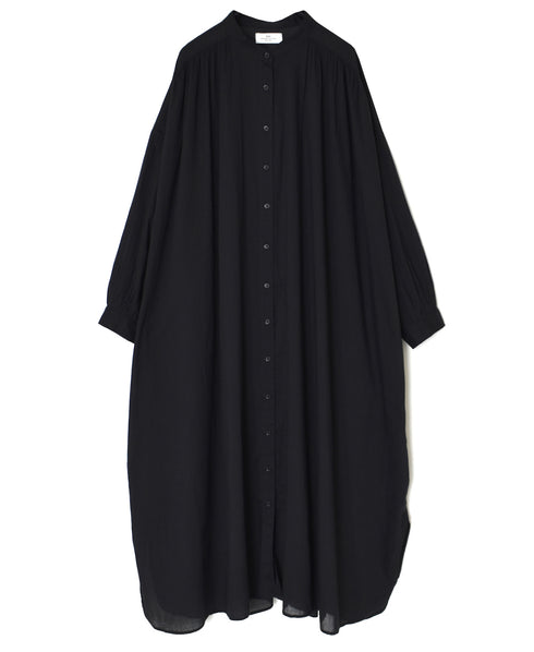 NSL26024 80s COTTON VOILE PLAIN BANDED COLLAR GATHERED SHIRT DRESS
