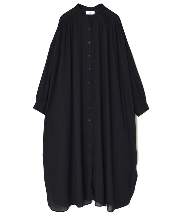 NSL26024 80s COTTON VOILE PLAIN BANDED COLLAR GATHERED SHIRT DRESS