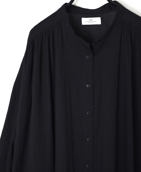NSL26024 80s COTTON VOILE PLAIN BANDED COLLAR GATHERED SHIRT DRESS