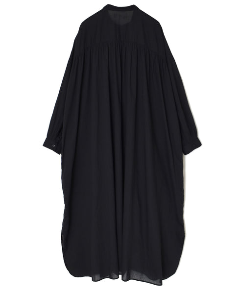 NSL26024 80s COTTON VOILE PLAIN BANDED COLLAR GATHERED SHIRT DRESS
