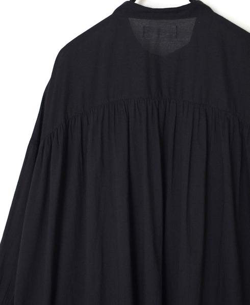 NSL26024 80s COTTON VOILE PLAIN BANDED COLLAR GATHERED SHIRT DRESS