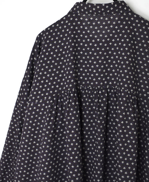 NSL26031 COTTON SLUB SMALL FLOWER PRINT REGULAR COLLAR GATHERED SHIRT SMOCK