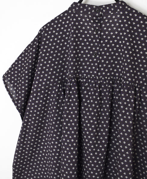 NSL26032 COTTON SLUB SMALL FLOWER PRINT BACK OPENING STAND COLLAR SHIRT