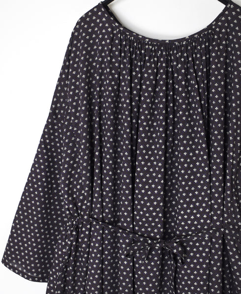 NSL26033 COTTON SLUB SMALL FLOWER PRINT 2WAY GATHERED SMOCK DRESS