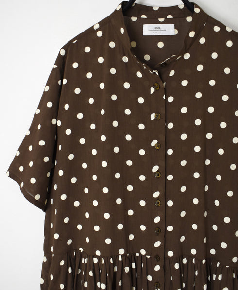 NSL26054 80s COTTON VOILE DOT PRINT BANDED COLLAR S/SL DRESS