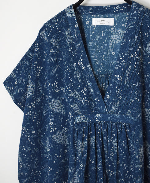 NSL26064 80s VOILE LEAF & FLOWER PRINT V-NECK FRENCH/SL TUNIC