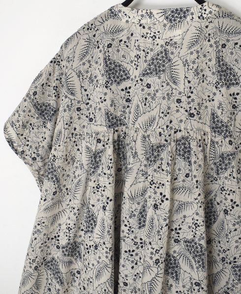 NSL26064 80s VOILE LEAF & FLOWER PRINT V-NECK FRENCH/SL TUNIC