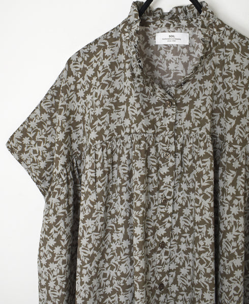NSL26071 80s VOILE TWO TONE FLOWER PRINT FRILL COLLAR FRENCH/SL SHIRT