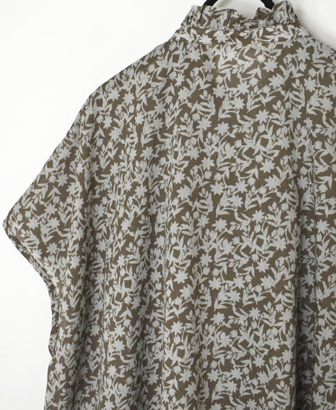 NSL26071 80s VOILE TWO TONE FLOWER PRINT FRILL COLLAR FRENCH/SL SHIRT