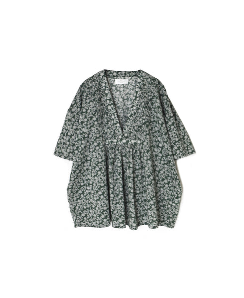 NSL26072 80s VOILE TWO TONE FLOWER PRINT V-NECK PINTUCK S/SL SHIRT