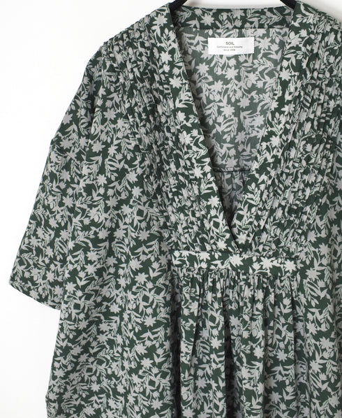 NSL26072 80s VOILE TWO TONE FLOWER PRINT V-NECK PINTUCK S/SL SHIRT