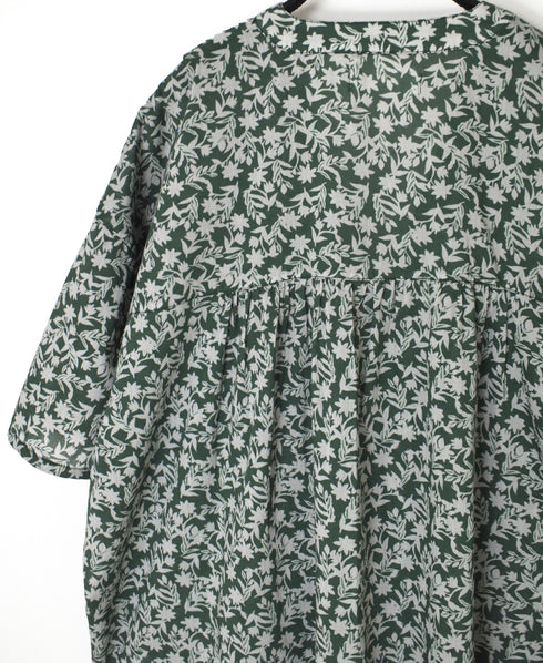 NSL26072 80s VOILE TWO TONE FLOWER PRINT V-NECK PINTUCK S/SL SHIRT