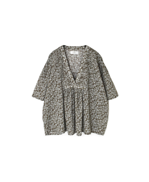 NSL26072 80s VOILE TWO TONE FLOWER PRINT V-NECK PINTUCK S/SL SHIRT