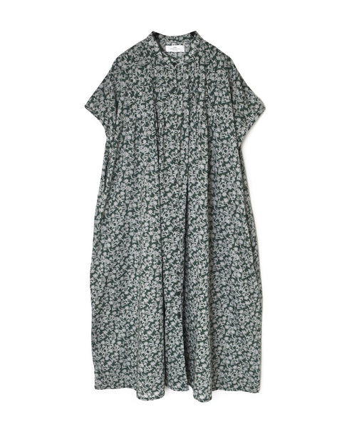 NSL26073 80s VOILE TWO TONE FLOWER PRINT BANDED COLLAR FRENCH/SL PINTUCK DRESS