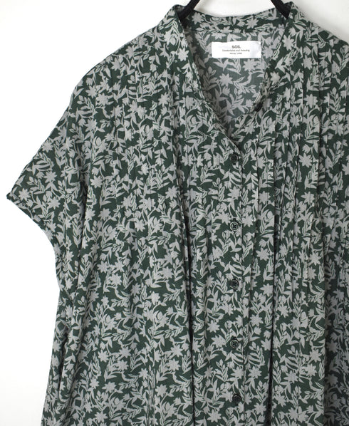 NSL26073 80s VOILE TWO TONE FLOWER PRINT BANDED COLLAR FRENCH/SL PINTUCK DRESS