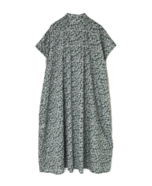 NSL26073 80s VOILE TWO TONE FLOWER PRINT BANDED COLLAR FRENCH/SL PINTUCK DRESS